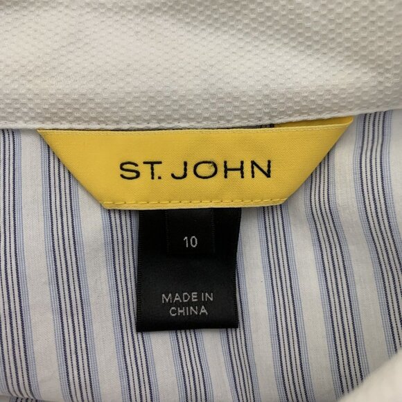 St John Size 10 Shirt Button Striped Blouse White Blue Long Sleeve Stretch FLAW - Picture 3 of 4